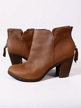 bp Brown Leather Ankle Booties with Stacked Heel